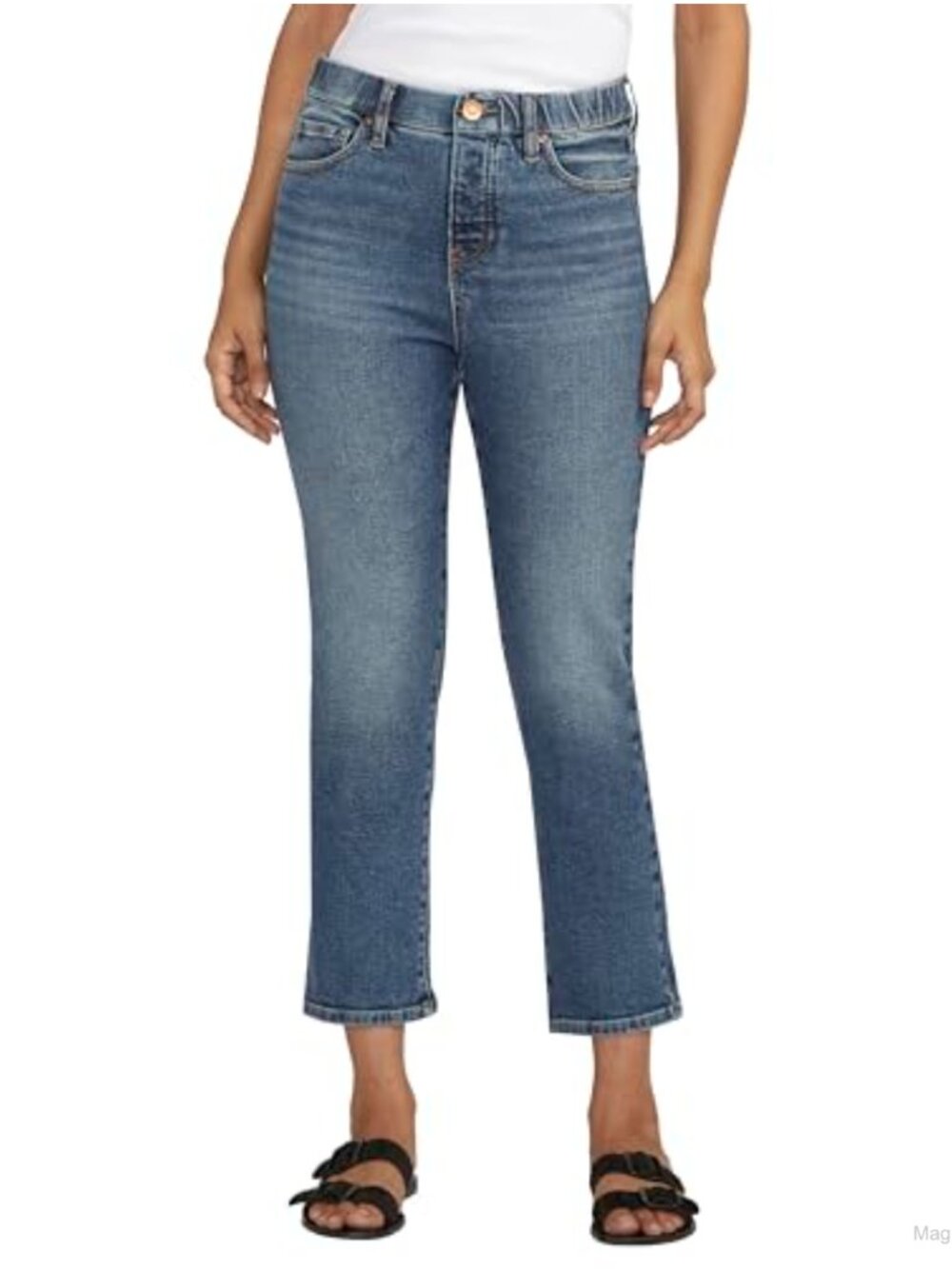 High Rise Straight Leg Pull-On Cropped Jeans Cotton Blend